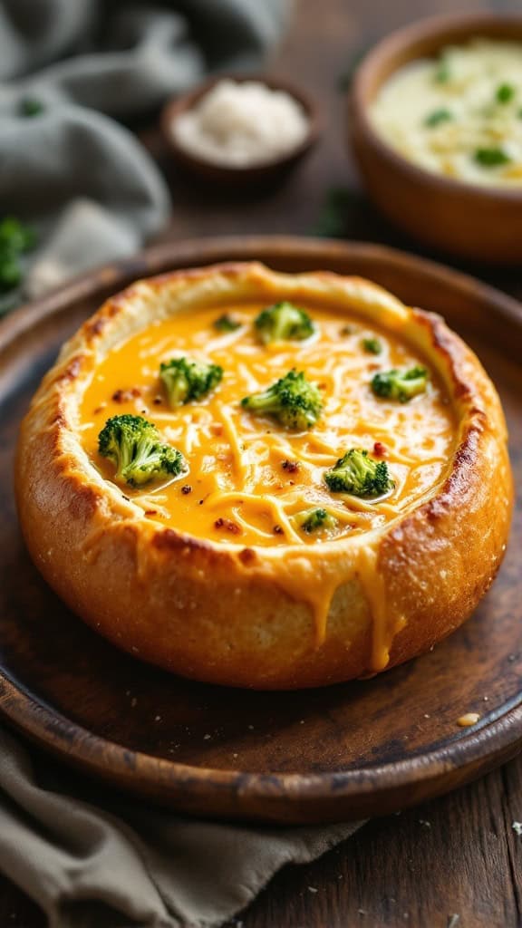 Creamy broccoli cheddar soup in a bread bowl topped with broccoli pieces.