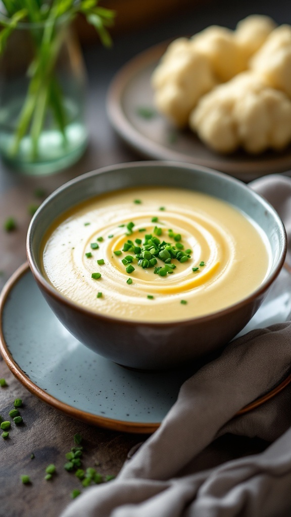 A bowl of creamy cauliflower soup garnished with chives, with cauliflower florets in the background.