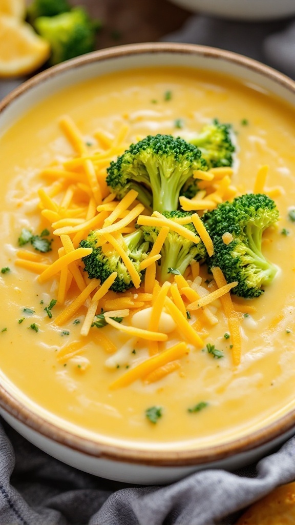 A bowl of creamy cheddar broccoli soup topped with shredded cheese and broccoli florets.