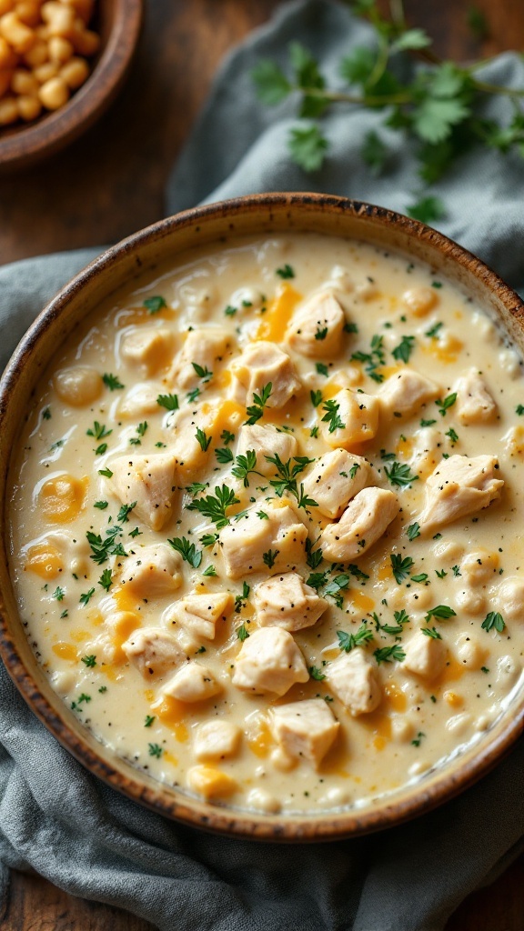 A bowl of creamy chicken and cheese soup topped with parsley, featuring chunks of chicken and cheese.