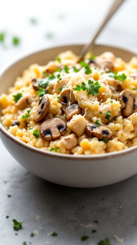 A bowl of creamy chicken and mushroom risotto topped with parsley.