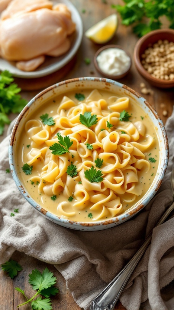 A bowl of creamy chicken noodle soup with garnished parsley on a rustic table.