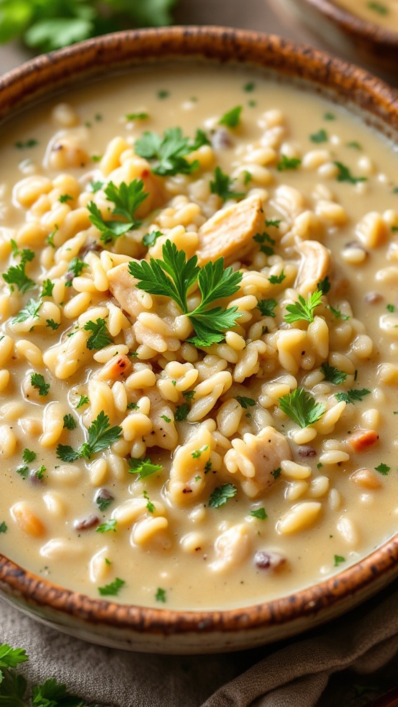 A bowl of creamy chicken wild rice soup with chunks of chicken, carrots, and parsley on top.