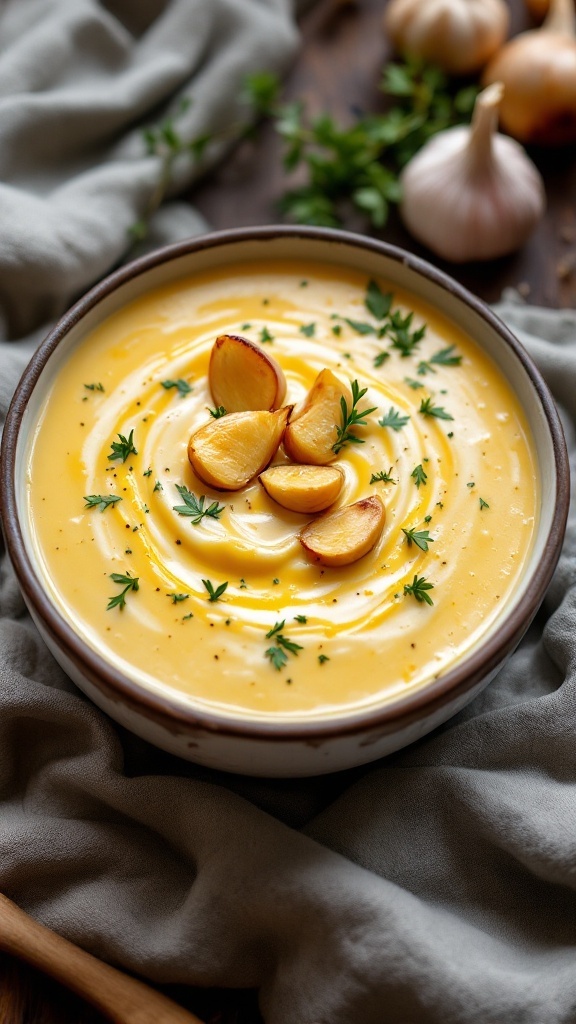 A bowl of creamy garlic cheese soup garnished with cheese and herbs.