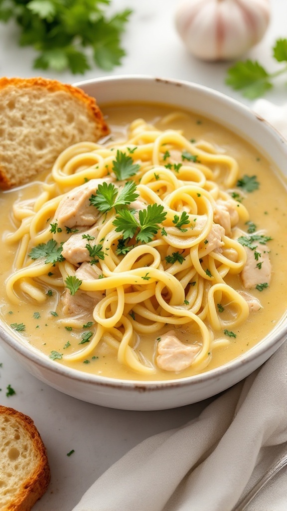 A bowl of creamy garlic chicken noodle soup with noodles, chicken pieces, and parsley, alongside a slice of bread.