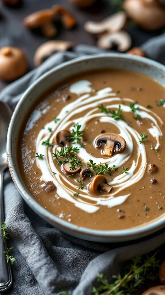 A bowl of creamy mushroom soup topped with sliced mushrooms and herbs, surrounded by mushrooms on a dark background.