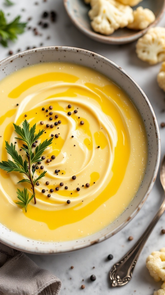 A creamy potato and cauliflower soup garnished with a swirl of cream and black pepper, surrounded by cauliflower florets.