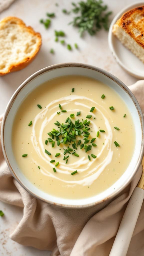 A bowl of creamy potato and leek soup topped with fresh chives, with a slice of toasted bread on the side.