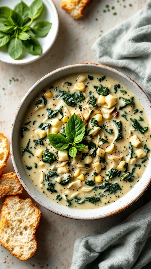 A bowl of creamy spinach and artichoke soup with pieces of artichoke and spinach, garnished with fresh basil and served with bread on the side.