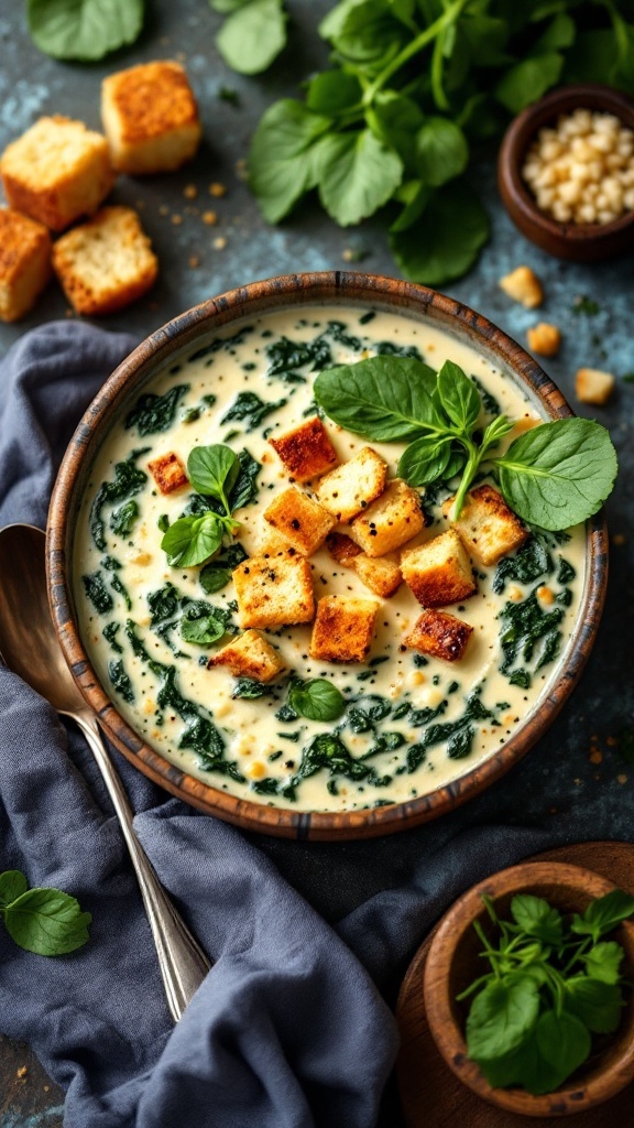 A bowl of creamy spinach and cheese soup garnished with croutons and fresh greens.