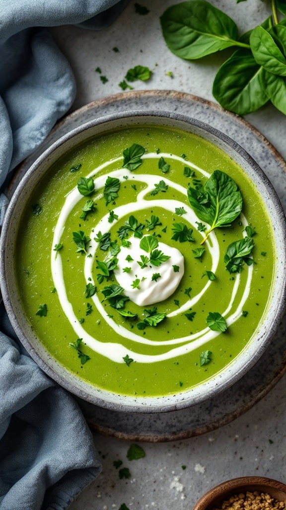 Creamy spinach potato soup in a bowl with a swirl of cream and herbs on top.