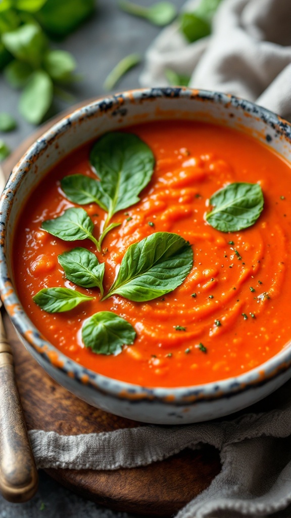 A bowl of creamy tomato and spinach soup garnished with fresh basil leaves.