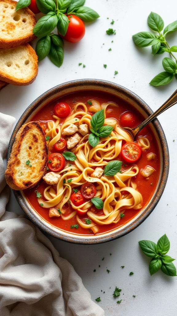 A bowl of creamy tomato chicken noodle soup with noodles, cherry tomatoes, and fresh basil.