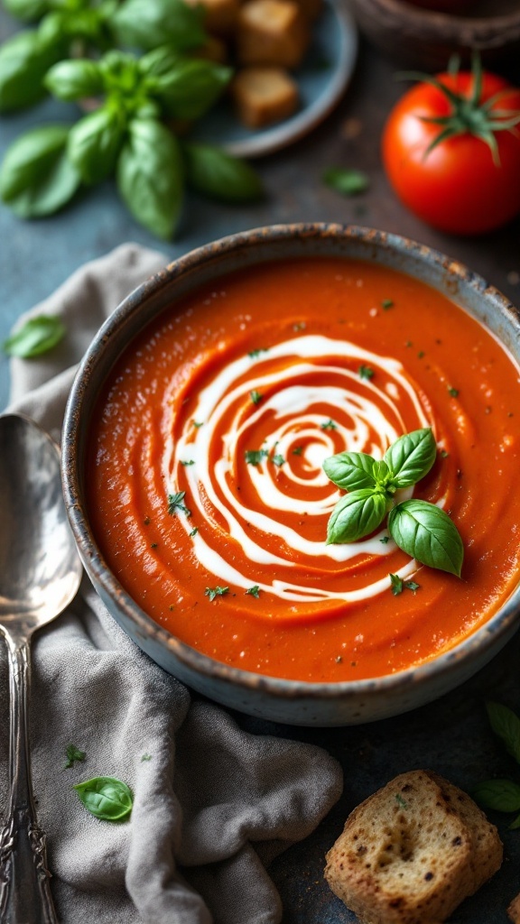 A bowl of creamy tomato potato soup garnished with basil and a swirl of cream, served with croutons.