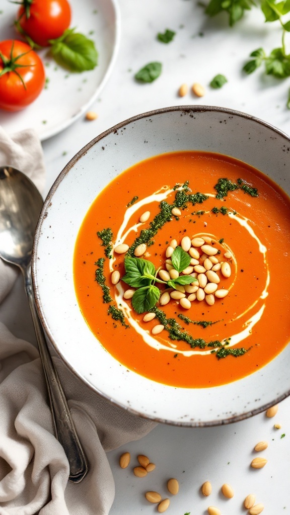 A bowl of creamy tomato soup garnished with pesto and pine nuts, surrounded by fresh tomatoes and herbs.