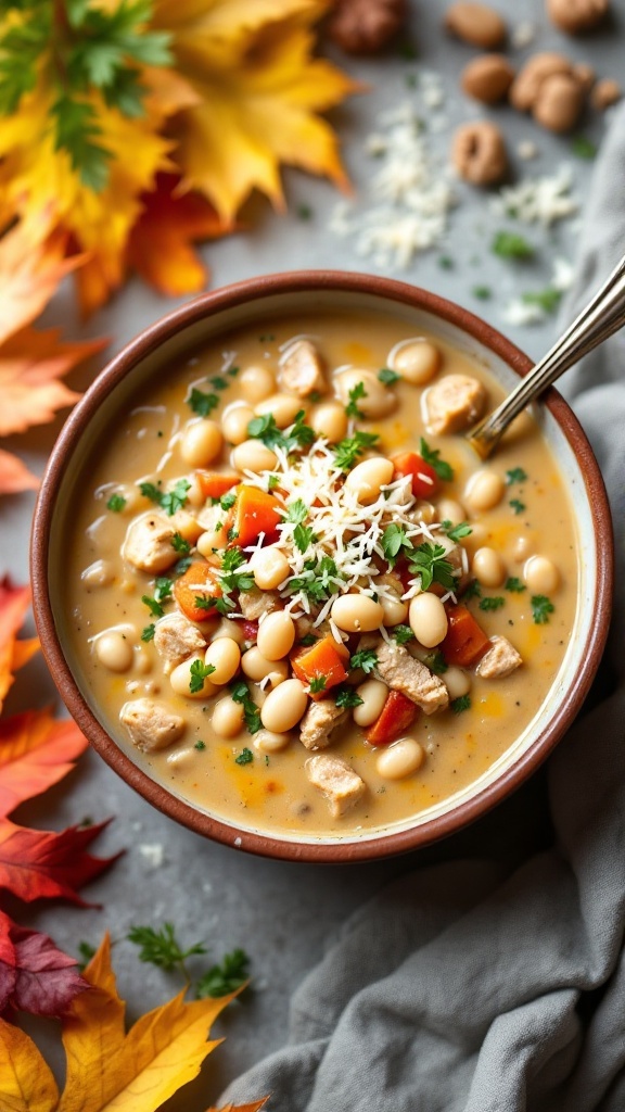 A bowl of creamy white bean and chicken chili with vegetables and herbs on top.