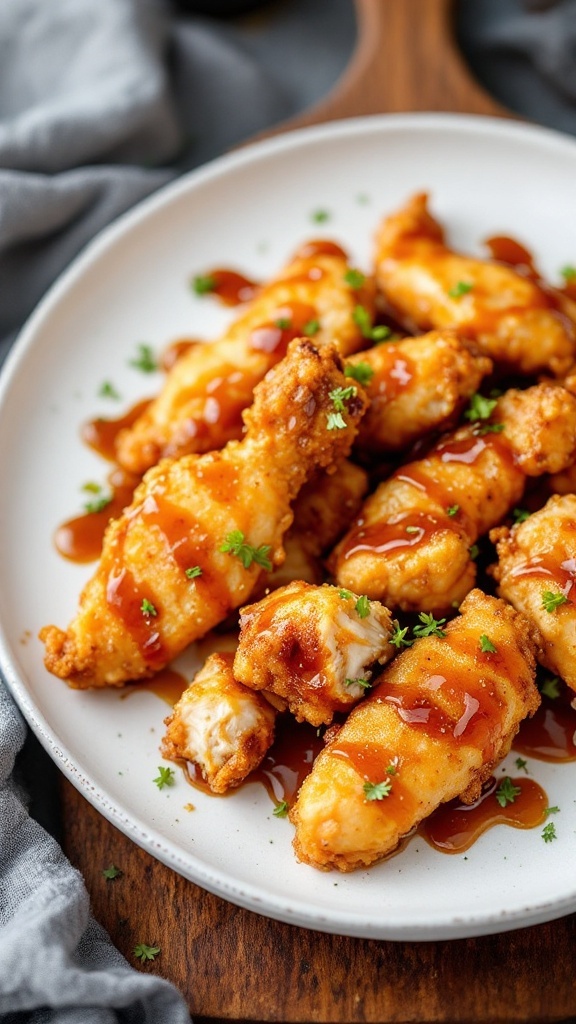 Plate of crispy honey garlic chicken drizzled with sauce