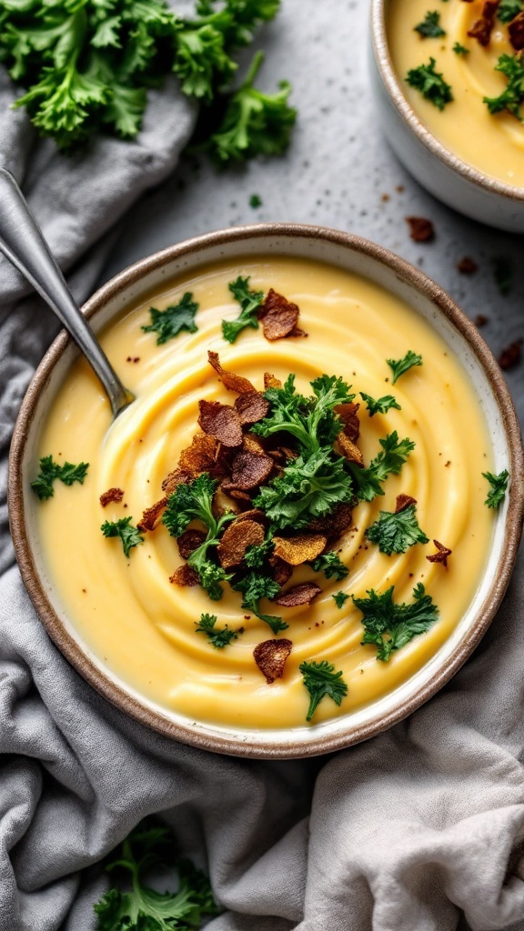 A bowl of creamy potato soup topped with crispy kale and brown bits, surrounded by fresh greens.