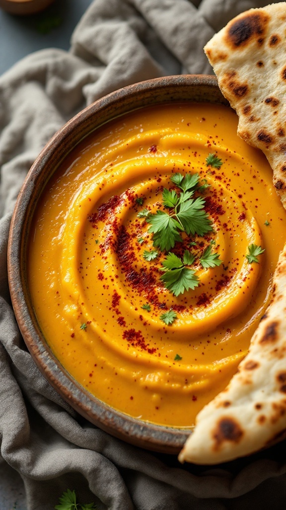 A vibrant bowl of curried potato soup garnished with cilantro and a side of flatbread.