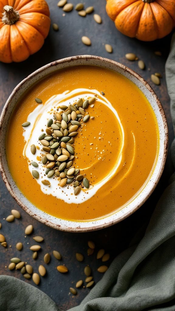 Bowl of curried pumpkin soup topped with pumpkin seeds and surrounded by small pumpkins.