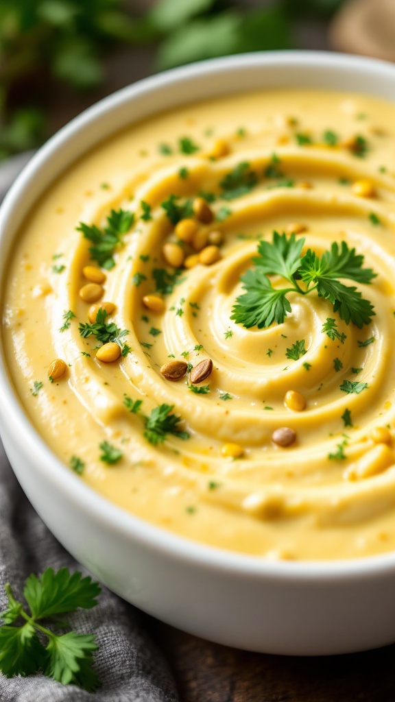 Bowl of white chili topped with pine nuts, herbs, and lime slices, served with bread.