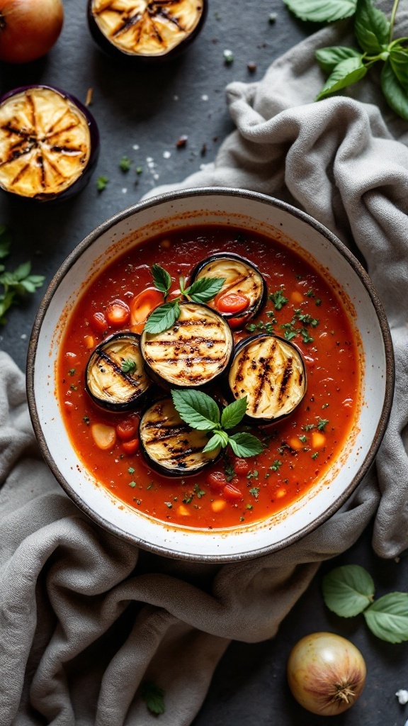 A bowl of eggplant and tomato soup garnished with herbs, surrounded by grilled eggplant slices.