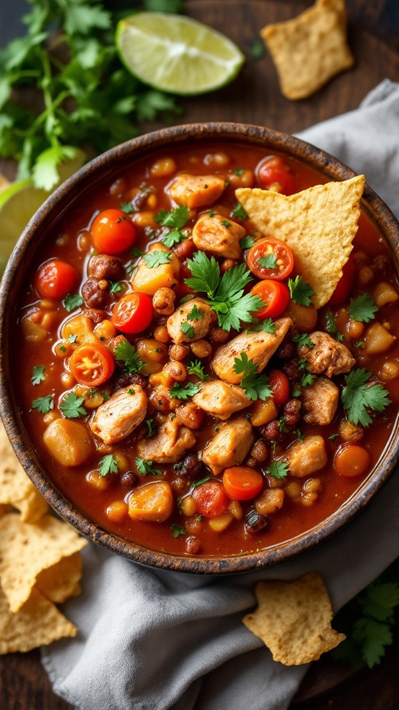 A bowl of fire-roasted tomato and chicken chili topped with cherry tomatoes and cilantro, accompanied by tortilla chips.