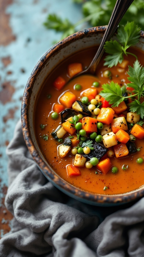 A bowl of fire-roasted vegetable soup with colorful vegetables and herbs on top.