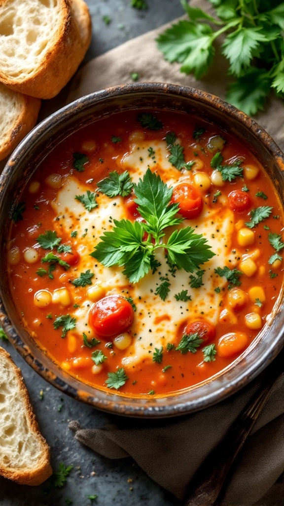 A bowl of Four Cheese Italian Soup garnished with fresh herbs, alongside slices of bread.