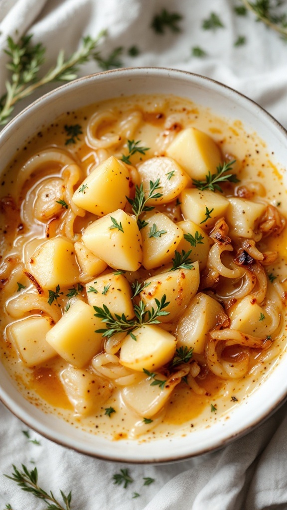 Bowl of French Onion Potato Soup with potatoes and herbs