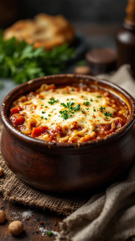 A bowl of French onion soup topped with melted cheese and garnished with parsley.