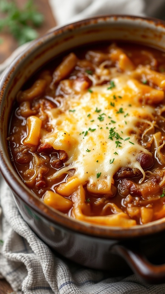 A delicious bowl of French onion soup topped with melted Gruyere cheese.