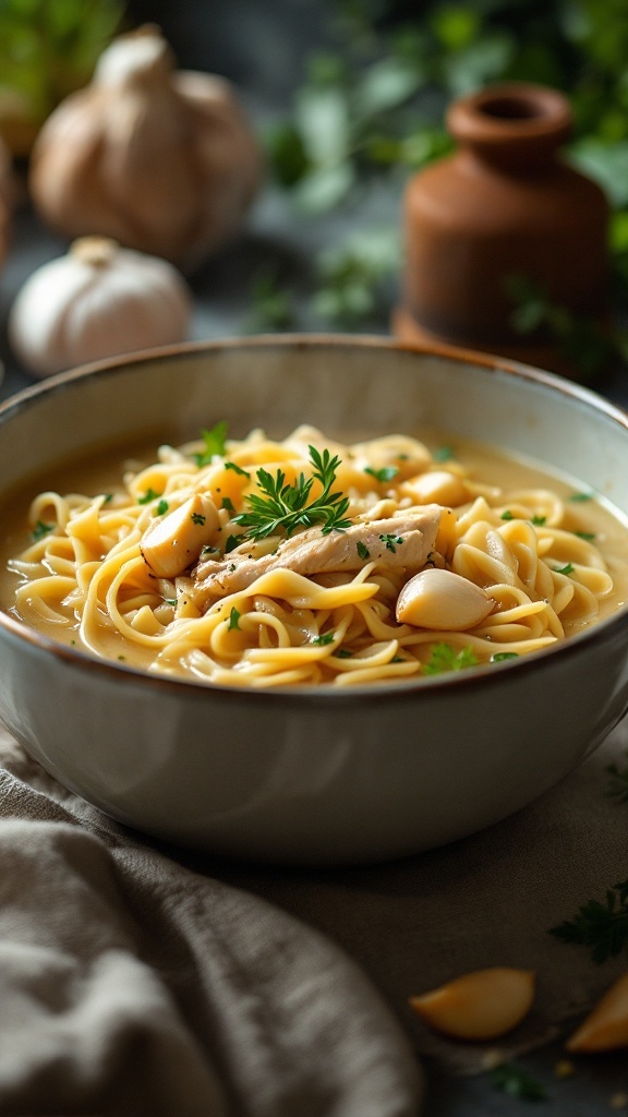 A bowl of garlic butter chicken noodle soup with pasta, garlic cloves, and parsley.