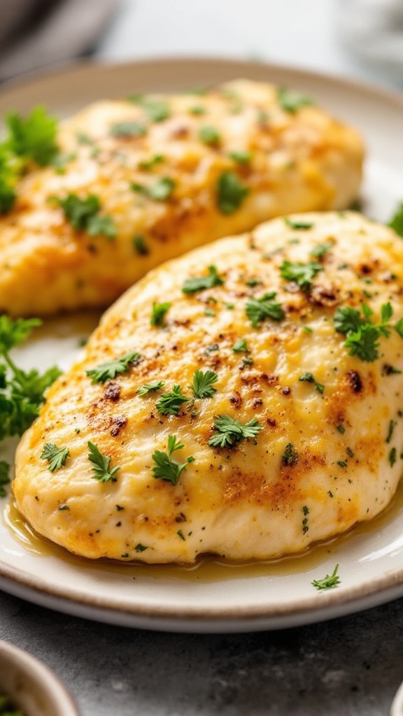 Plate of grilled chicken topped with parsley and garlic parmesan sauce