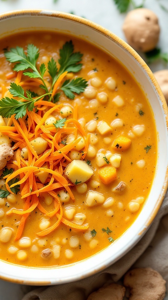 A bowl of ginger and carrot white chili topped with fresh cilantro and shredded carrots.