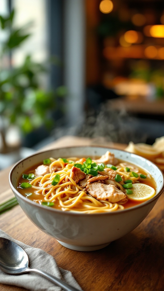 A bowl of ginger chicken noodle soup with lemon slices and green onions.