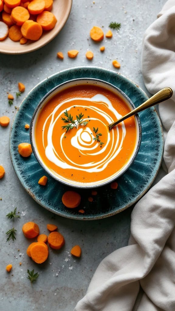 A bowl of gingered carrot and sweet potato soup garnished with a swirl of cream and herbs, surrounded by chopped carrots.