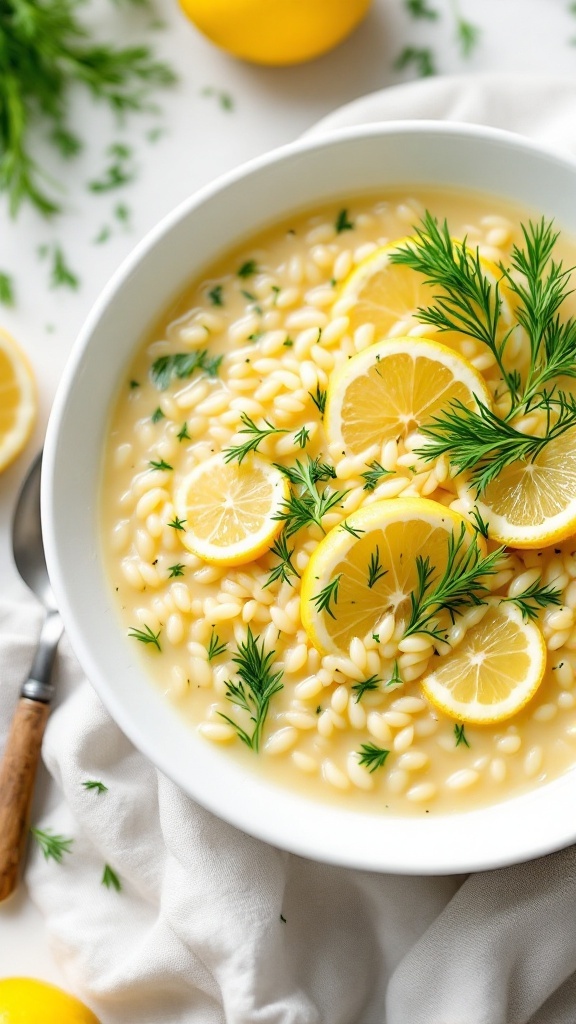 A bowl of Greek Lemon and Orzo Soup with lemon slices and herbs on top.