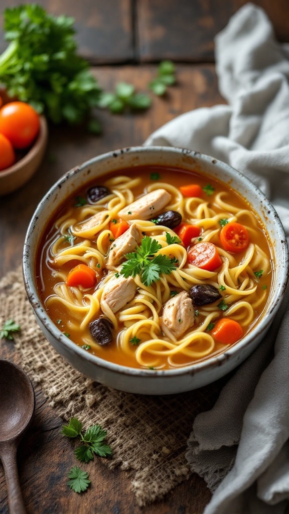 A bowl of hearty chicken noodle soup with vegetables and noodles on a wooden table