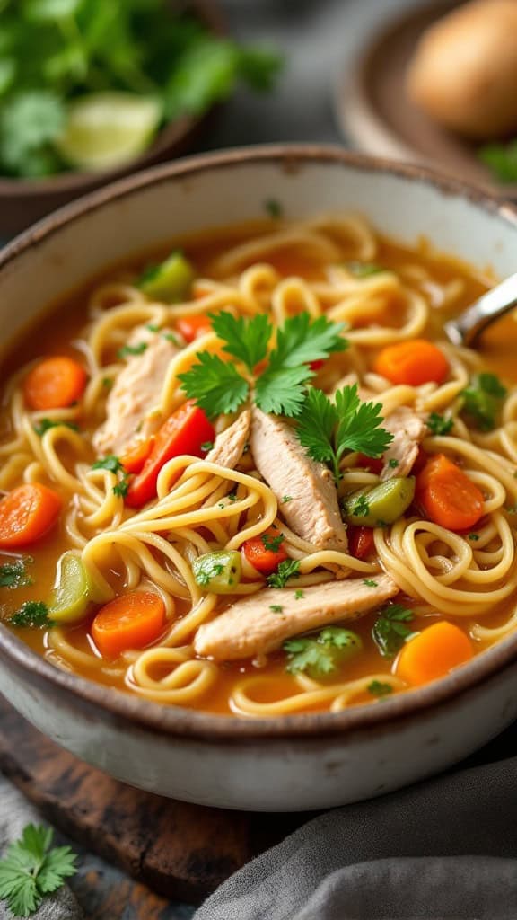 A hearty bowl of chicken noodle soup with noodles, chicken pieces, carrots, celery, and fresh herbs.