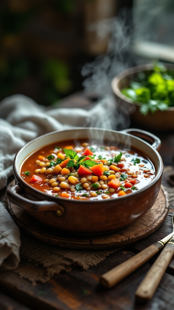 A steaming bowl of hearty lentil and vegetable soup with vibrant vegetables.