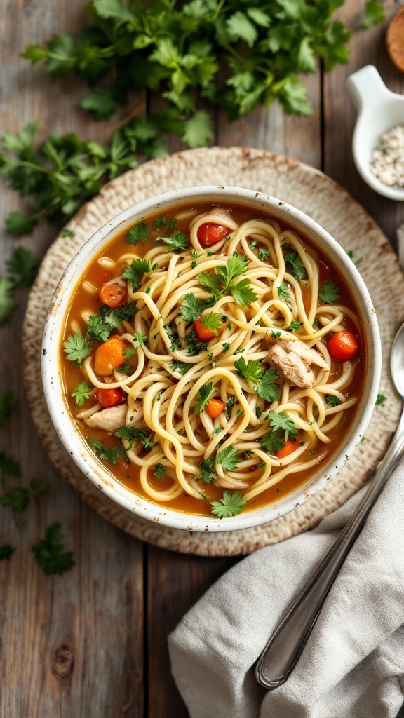 A bowl of herbed chicken noodle soup with noodles, chicken, carrots, and fresh herbs.