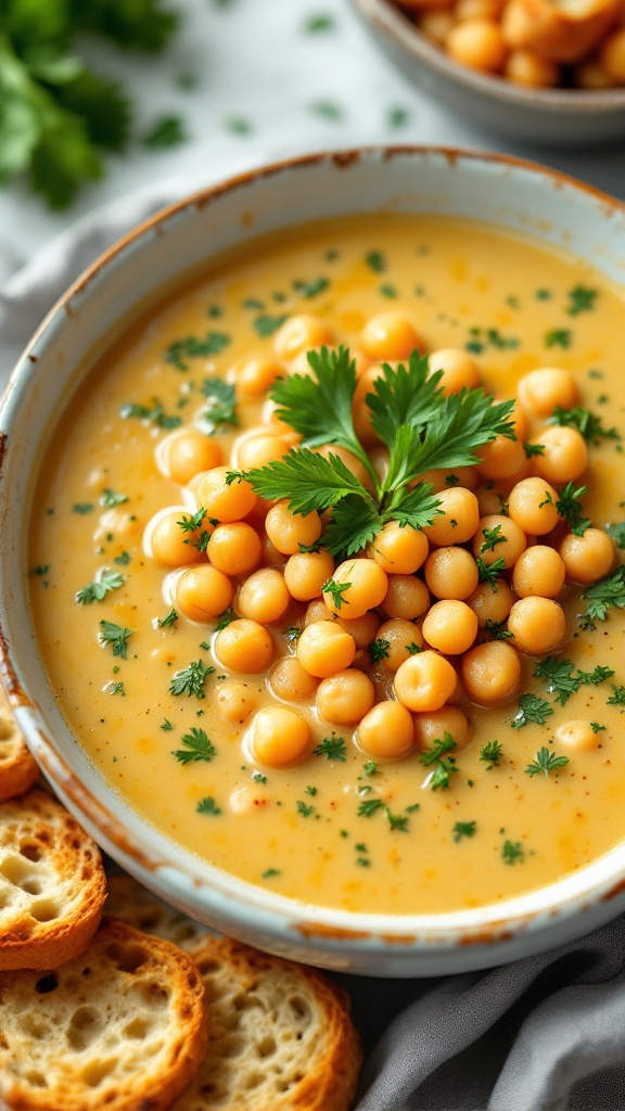 A bowl of herbed chickpea white chili topped with fresh parsley, accompanied by slices of bread.