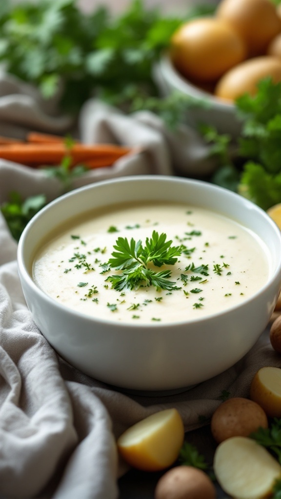 Creamy potato soup garnished with parsley, surrounded by fresh ingredients.