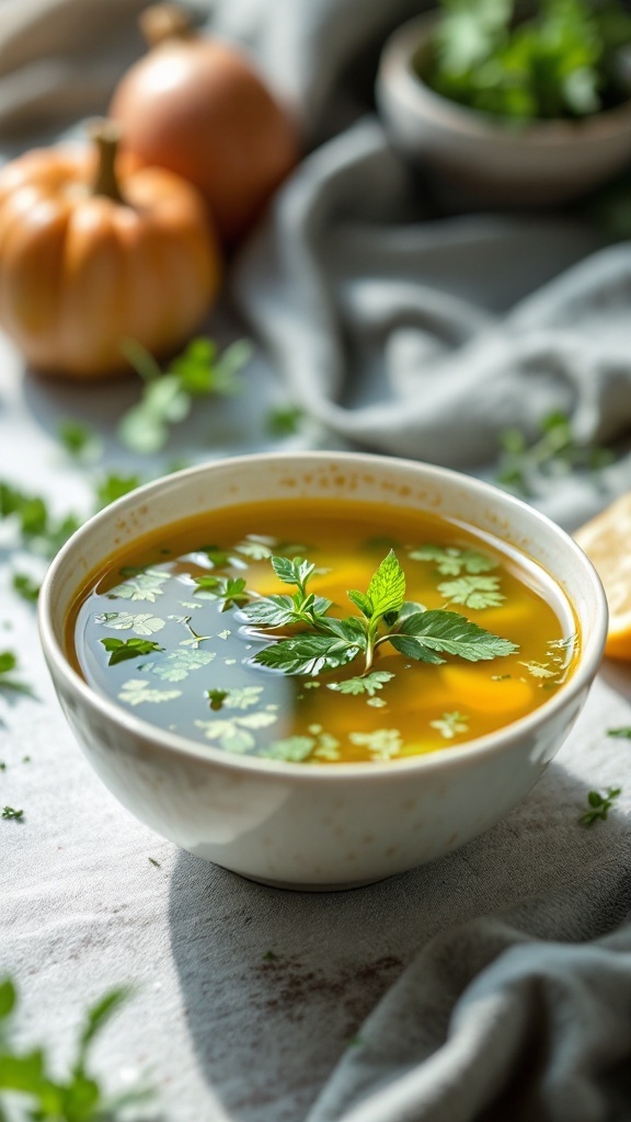 A bowl of herbed vegetable broth with fresh herbs on top.