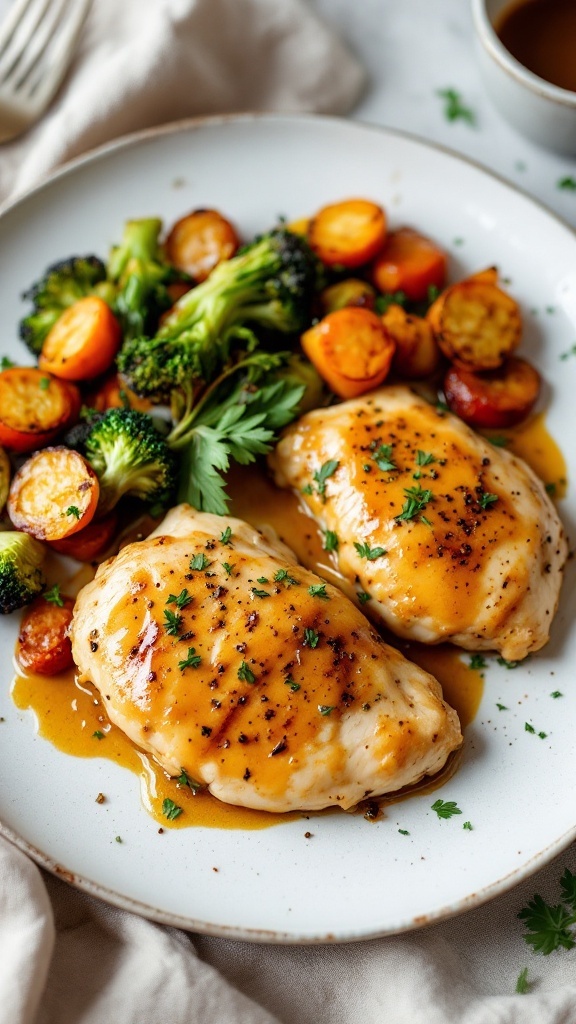 Honey mustard glazed chicken with vegetables on a plate