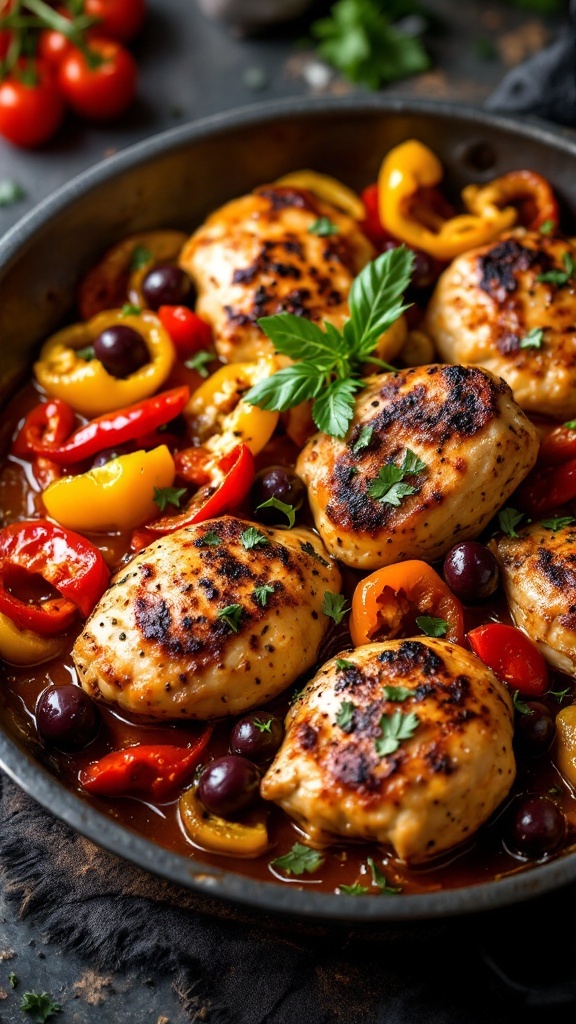 A skillet with Italian chicken and peppers, featuring grilled chicken breasts surrounded by colorful bell peppers and olives in a savory sauce.