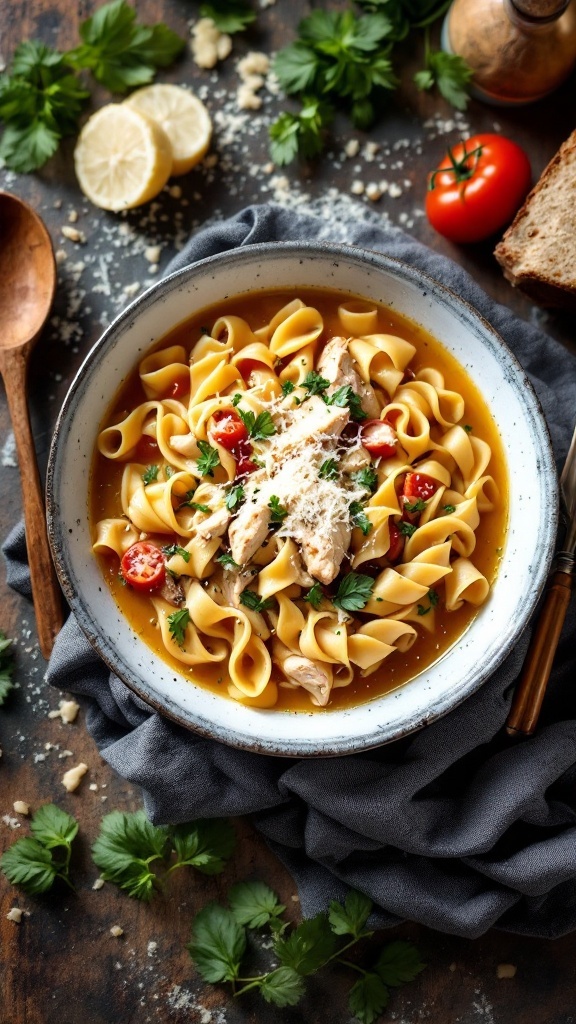 A bowl of Italian chicken noodle soup with pasta, herbs, and cherry tomatoes.