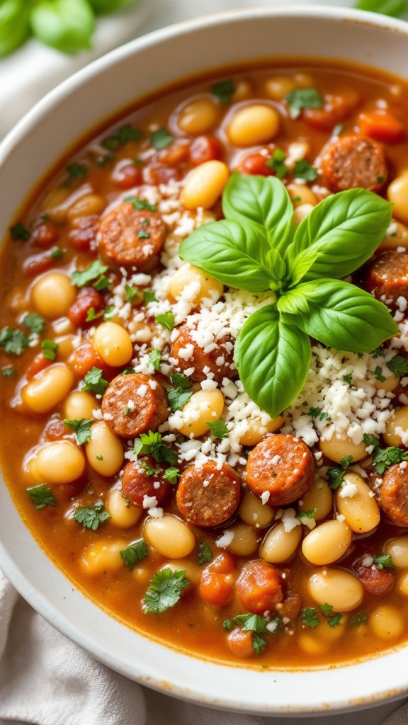 A bowl of Italian sausage and white bean chili topped with fresh herbs and cheese.