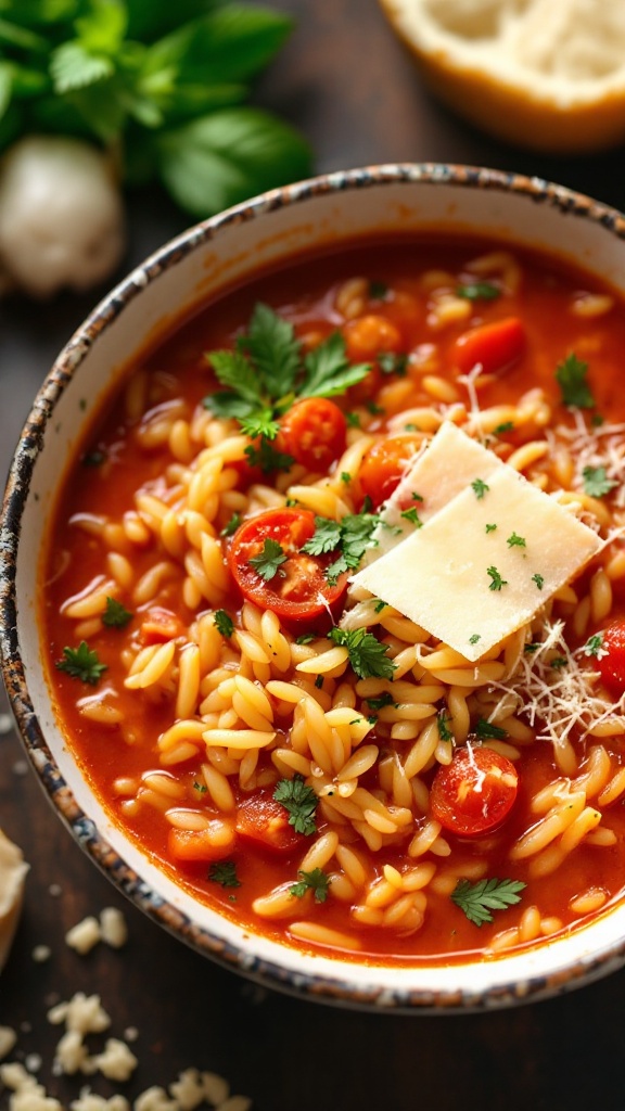 A bowl of Italian tomato soup with orzo, garnished with basil and cheese, on a marble countertop.